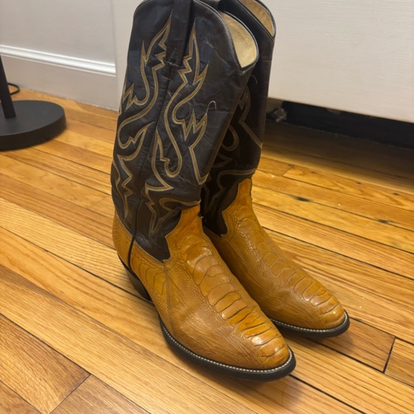 BrownOstrichLegWesternBootsNar  Men\'s Authentic Leather + Ostrich Leg Bobs Boot Co Western Cowboy Boots Size 8.5